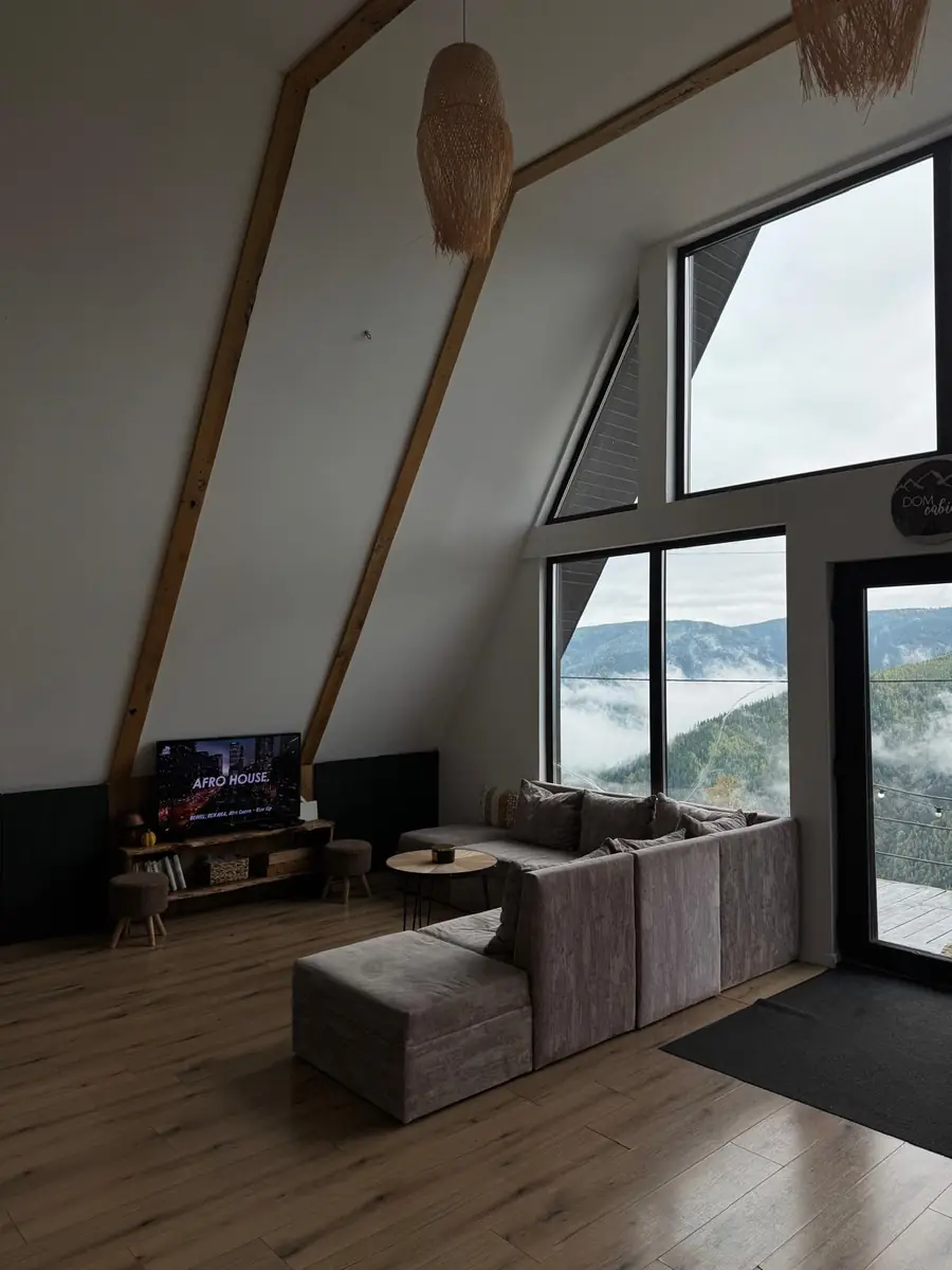 Living room under the A-frame beams